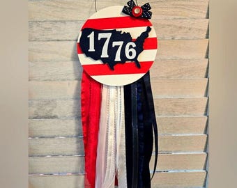 Americana 1776 USA Ribbon Door Wall Homespun Lace Rag Primitive USA Cottagecore Decor Rustic Country Patriotic United States 4th of July