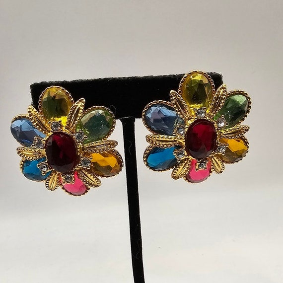 80's Rhinestone Gold Tone Earrings Clip-On Floral… - image 3