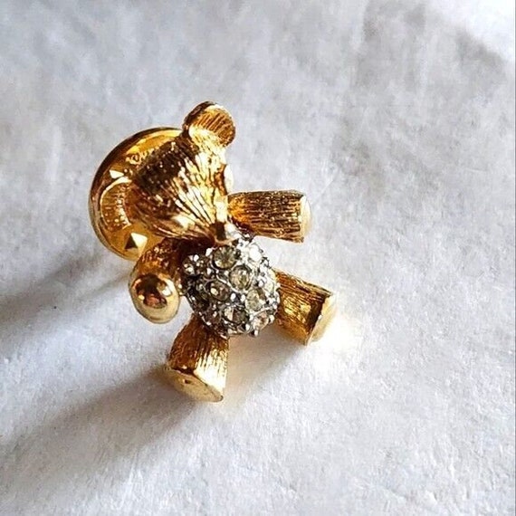 90's Rhinestone Teddy Bear Lapel Pin Gold Tone Br… - image 1