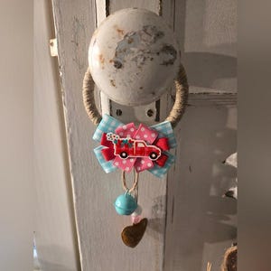 Handmade Red Truck Valentine's Day Door Hanger Door Knob Hanger Heart Ribbon Doorknob Winter Bells Decor Rustic Country OOAK