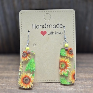 NWT Sunflower Rectangle Earrings Pierced Acrylic Glass Beads Dangle Drop Light Weight Fashion Costume Jewelry Handmade OOAK
