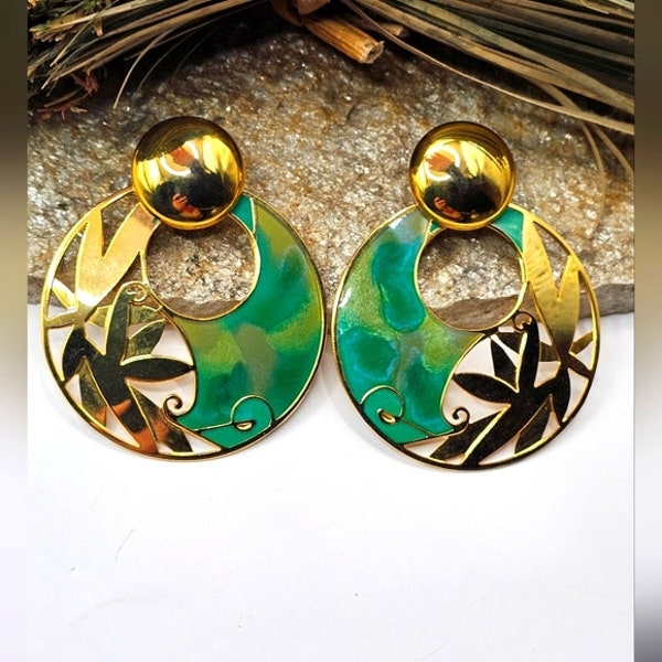 80's Designer Signed Berebi Enamel Earrings Pierced Dangle Gold Tone Edgar Berebi Statement Fashion Costume Jewelry Collectable Estate Vtg