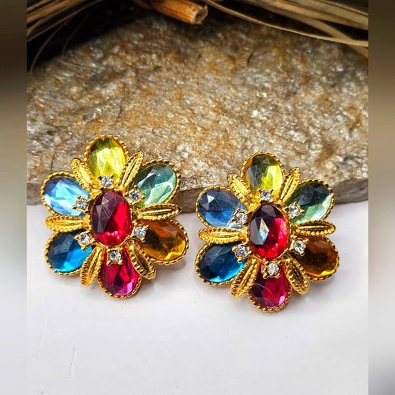 80's Rhinestone Gold Tone Earrings Clip-On Floral… - image 1