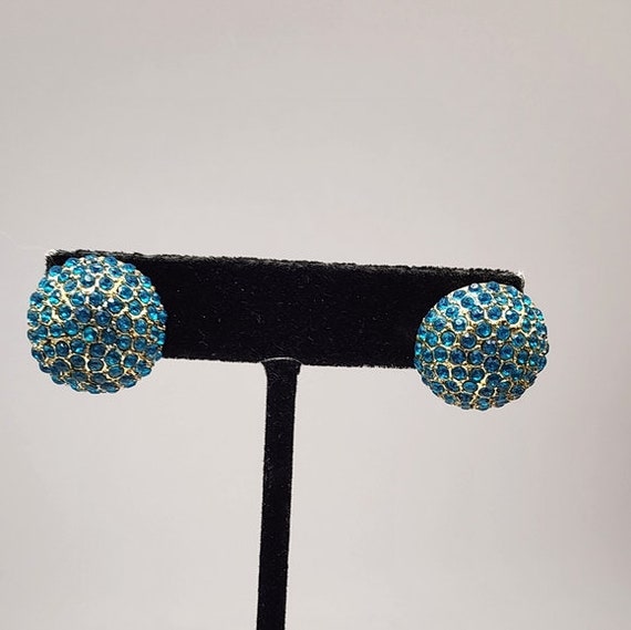 Modern Teal Dome Earrings Pierced Rhinestone Gold… - image 3
