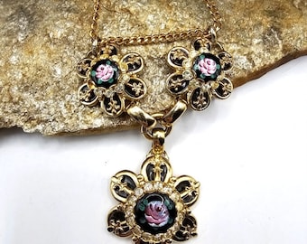 60's Painted Flower Rhinestone Pendant Gold Tone Necklace Statement Costume Fashion Jewelry Collectable Vintage Estate Jewelry