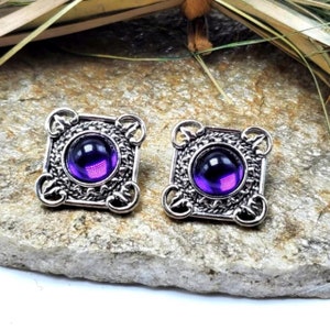 Signed Avon 1992 Bold and Classic Amethyst Cabochon Earrings Clip-On Silver Tone Stud Fashion Costume Jewelry Collectable Vintage Estate