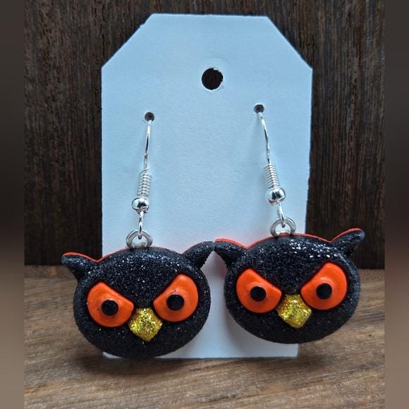 NWT Halloween Black Owl Earrings Sparkle Owl Dangle Drop Light Weight Fashion Costume Jewelry Handma