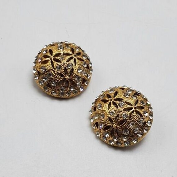 80's Rhinestone Flower Dome Earrings Clip-On Gold… - image 4
