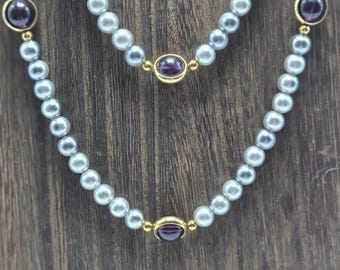 Avon 1984 heide en mist ketting faux amethist grijze parel kralen statement kostuum mode-sieraden verzamelobject vintage landgoed