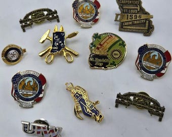 Lot of 11 Union Lapel Pins Workers Gold Silver Tone Souvenir Metal Brooch Pinback Button Collectable Fashion Costume Jewelry Vintage Estate