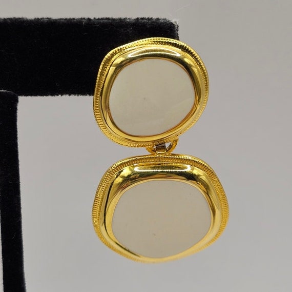 80's Cream Enamel Earrings Pierced Drop Gold Tone… - image 2