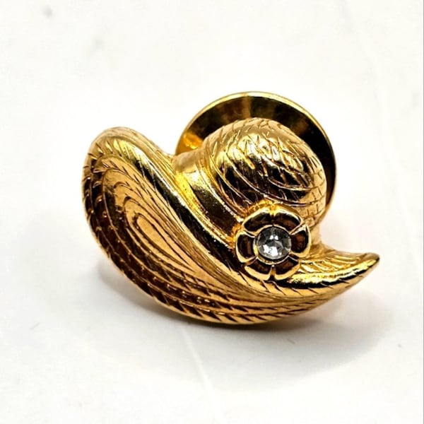 Signed 1995 Avon Precious Dress Up Hat Lapel Pin Rhinestone Gold Tone Pinback Button Brooch Costume Fashion Jewelry Collectable Vintage