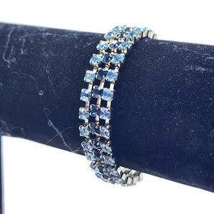90er Blau Strass Armband Silber Ton Sparkle Braut Hochzeit Abschlussball Formale Statement Mode Modeschmuck Sammlerstück Vintage Nachlass