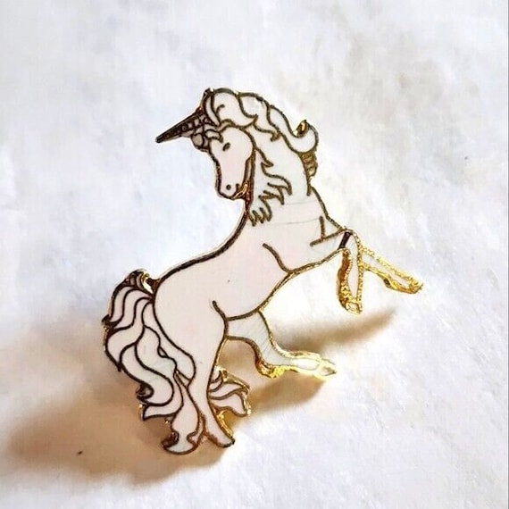 80's White Unicorn Lapel Pin Retro Fantasy Gold T… - image 1