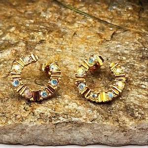 Signed Avon 1992 Brilliant Beauty Hoop Earrings Pierced AB Crystal Gold Tone Stud Fashion Costume Collectable Vintage Estate Jewelry