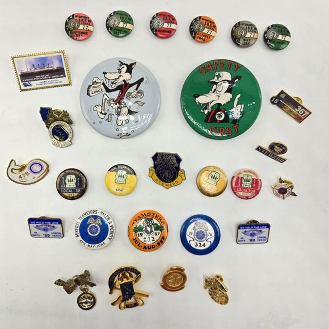 Lot of 28 Union Teamster IBEW Lapel Pins Shop Stewards Buttons