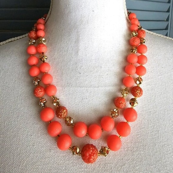60's West Germany Necklace Beaded Gold Tone 2 Str… - image 1