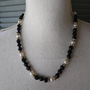 Designer Signed Hobe’ 70's Rhinestone Faux Pearl Necklace Faceted Black Beads Statement Costume Fashion Jewelry Collectable 19"