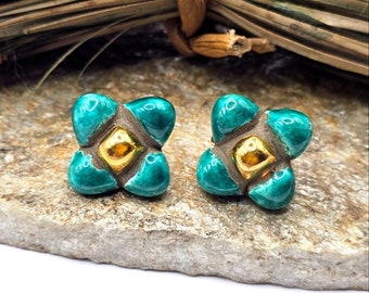 Boucles d'oreilles en céramique turquoise signées Jem des années 50, bijoux MCM à clipser, déclaration de goujons à visser, bijoux fantaisie à la mode