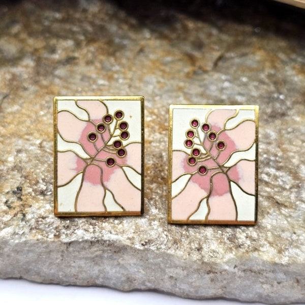 80's Laurel Burch Cherry Blossom Earrings Pierced Stud Gold Tone Rectangle Fashion Costume Jewelry Collectable Vintage Estate Jewelry