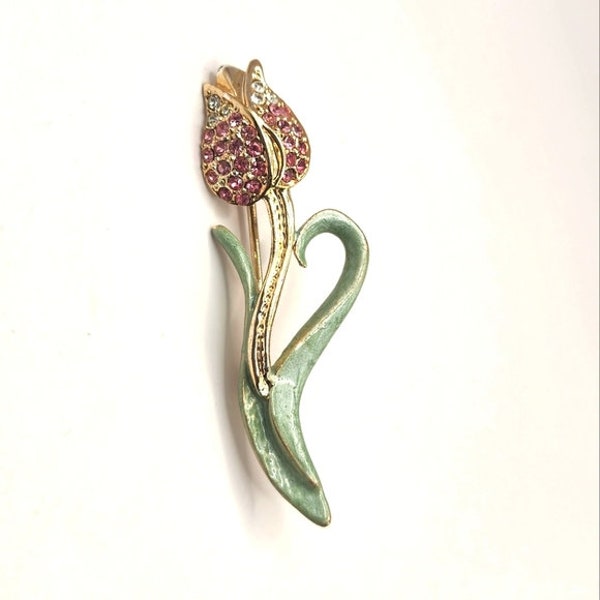 Long Stem Tulip Lapel Pin Enamel Pink Rhinestone Gold Tone Brooch Pinback Costume Fashion Jewelry Collectable Vintage Estate