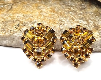 Designer assinado cinderela jóias brincos clip-on âmbar strass tom de ouro parafuso prisioneiro moda traje colecionável vintage estate jóias