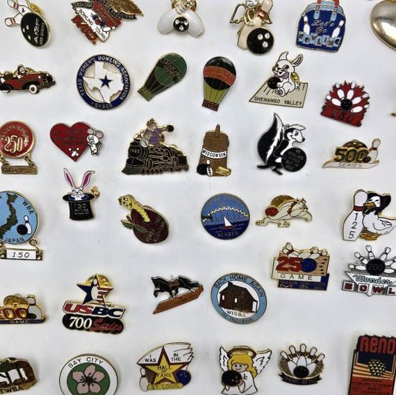 Lot of 65 Bowling League Score Lapel Pins WBA Souvenir Novelty