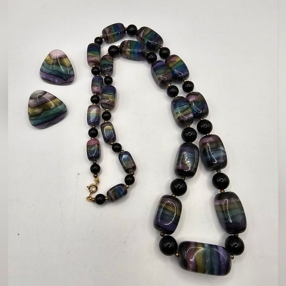 80's Resin Multicolor Bead Necklace & Earring Set… - image 2