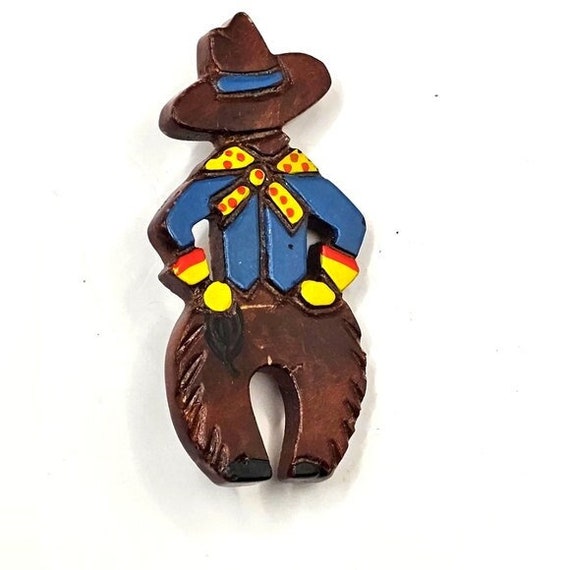 60's Wooden Cowboy Lapel Pin Painted Carved Wood … - image 1