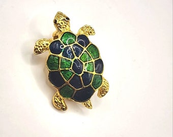 Années 90 Émail Tortue Revers Pin Figural Bleu Vert Or Ton Broche Pinback Bouton Costume Mode Bijoux À Collectionner vintage Estate Bijoux