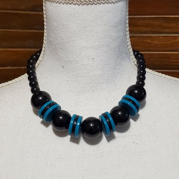80's Beaded Black & Teal Necklace Nice Weight Not Cheap Statement Costume Fashion Jewelry Collectable Vintage Estate Jewelry