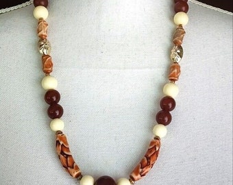 Beaded Round Barrel Textured Necklace Earth Tones Statement Costume Fashion Jewelry Collectable Vintage Estate Jewelry