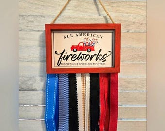 Americana Red Truck Ribbon Flag Door Wall Homespun Fireworks Rag Primitive Flag Cottagecore Decor Rustic Country Patriotic 4th of July