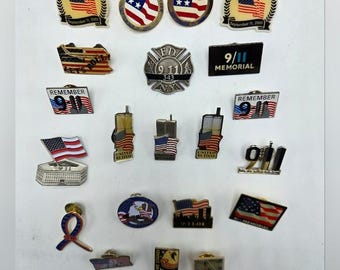 Lot of 21 9-11 Remember Collectable Lapel Pins September 11th Flag Memorial Twin Towers Pinback Button Costume Fashion Vintage Estate