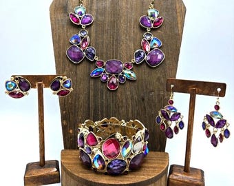 NWT Style & Co armband oorbellen armband set sieraden set roze paars strass goudkleurige demi parure statement kostuumsieraden verzamelobject