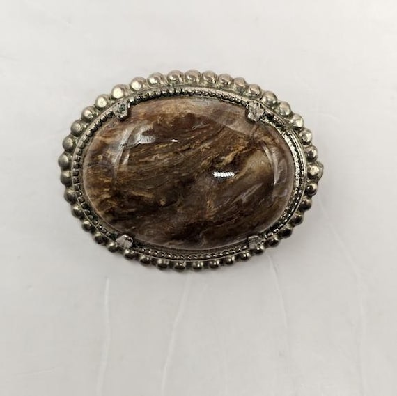 80's Silver Tone Oval Stone Lapel Pin Western Brooch Pinback