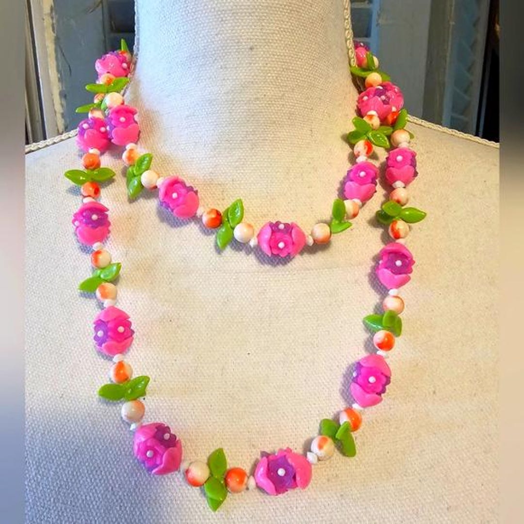 40's Carmen Miranda Fruit Salad Necklace Pink Flower MCM Statement