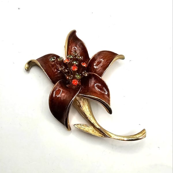 60's Rhinestone Floral Enamel Lapel Pin Gold Tone Brooch Pinback Statement Fashion Costume Jewelry Collectable Vintage Estate Jewelry