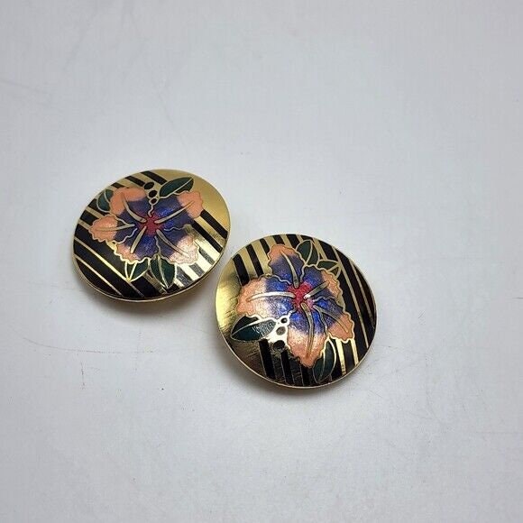 Boucles D'oreille Années 80 Doré Cloisonné Fleurs - Occasion Vintage