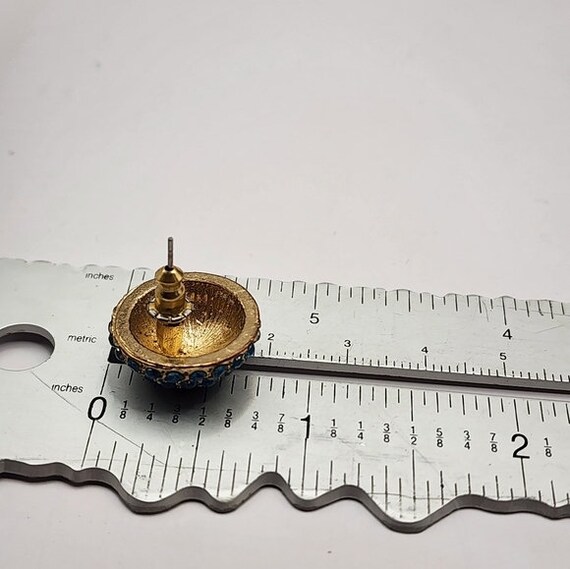 Modern Teal Dome Earrings Pierced Rhinestone Gold… - image 7