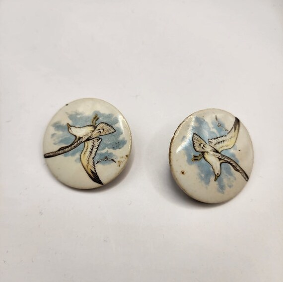 70's Ceramic Seagull Earrings Clip-On Round Paint… - image 5