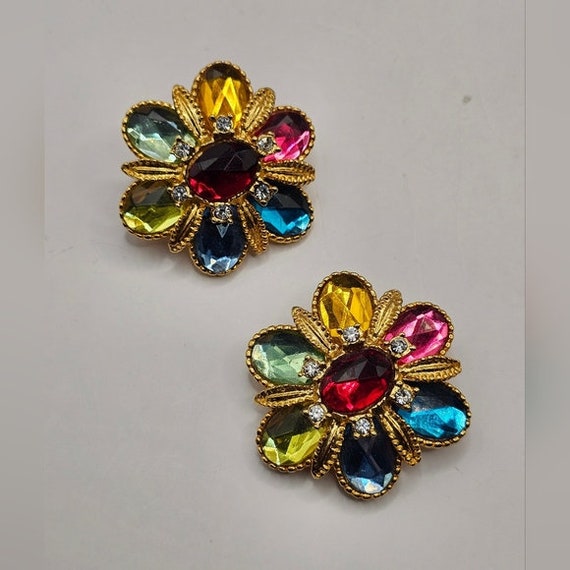 80's Rhinestone Gold Tone Earrings Clip-On Floral… - image 4
