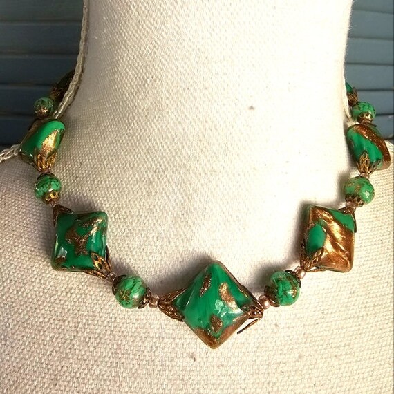 50's Glass Green Gold Beaded Necklace Nice Weight 