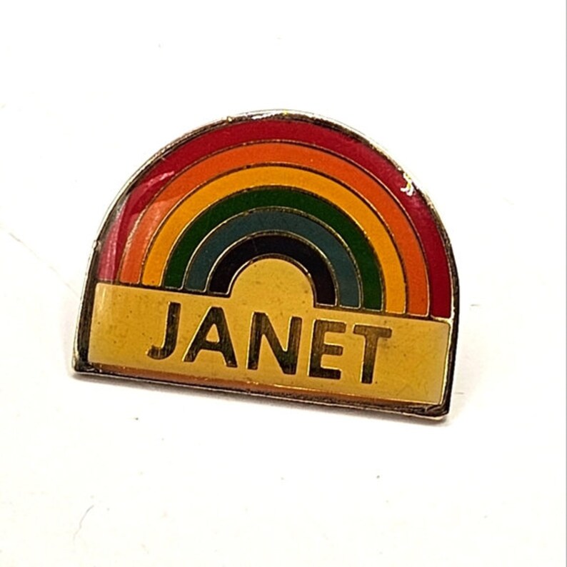 Janet Lettering 1980 Rainbow Janet Lapel Pin Name Souvenir Gold Tone Metal Brooch ...
