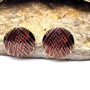 80&#39;s Cloisonne Earrings Pierced Rust Black Gold Tone Fashion Costume Jewelry Collectable Vintage Estate Jewelry