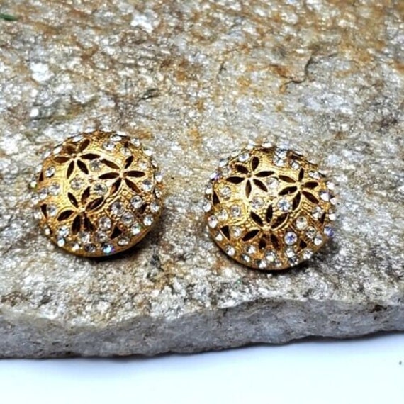 80's Rhinestone Flower Dome Earrings Clip-On Gold… - image 1