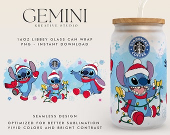 Film Christmas Stitch 16oz Szklana puszka do pakowania, Boże Narodzenie Niebieski Alien Szklana puszka Sublimacja PNG, Libbey Szklana puszka do pakowania, Libbey Szklana puszka z kreskówek