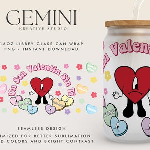 Bad Bunny Valentines 16oz Libbey puede envolver PNG, vidrio del día de San Valentín puede envolver, día de San Valentín Benito, lindo conejito malo, lata de vidrio Raggaeton