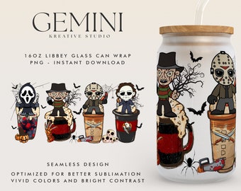 16oz Libbey Can Glass Horror Movies PNG, Halloween Horror Full Wrap For Libbey Can Shaped Beer Glass, Horror Characters 16oz Glass Can Wrap