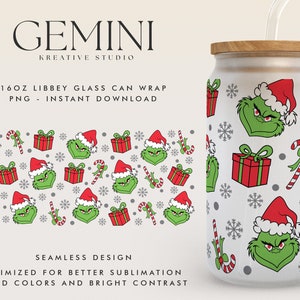 Christmas Green Monster 16oz Libbey Can Wrap Cartoon PNG, Libbey Glass Can Wrap, Cute Green Monster Christmas, Christmas Movie Coffee Cups